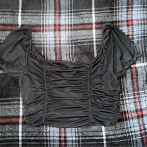 H&M Black Crop Ruched Puff Mesh Sleeve Blouse